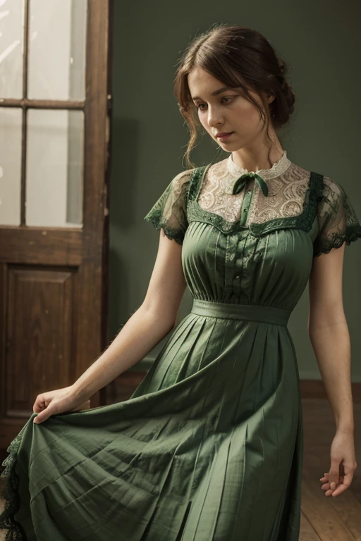 ((masterpiece)), (best quality), (simple style), green dress, Butterfly heart, pleated lace, Edwardian lace dress.
