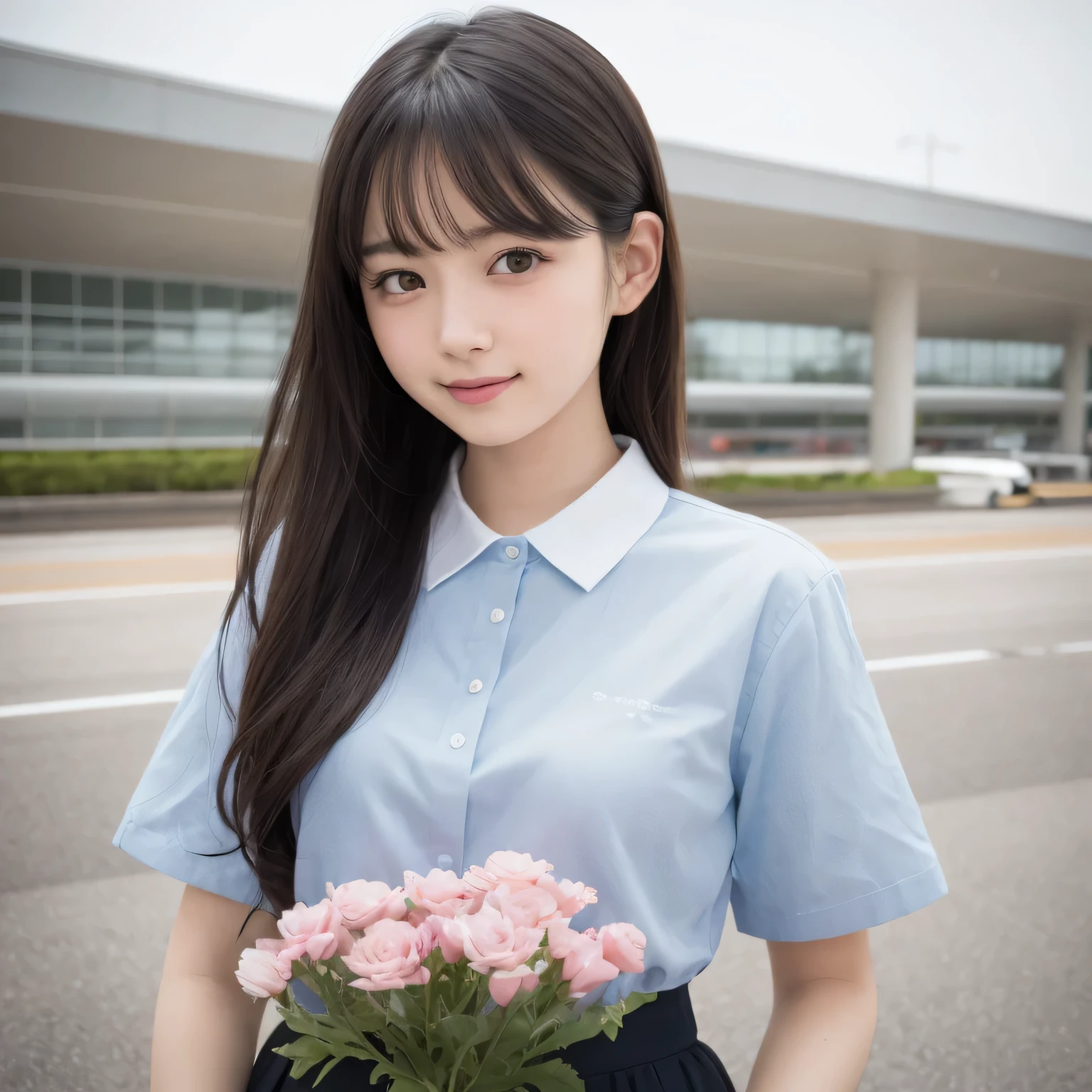 on the table, best quality, illustration,original photography,(((ultimate beauty portrait))),((sparkling skin)),1 girl,Super detailed, fine details, high resolution, 8k wallpaper, Perfect dynamic composition, Beautiful and delicate eyes,whole body摄影,show your whole body、collared shirt、long gray hair, Bold sexy pose,Smile,Harajuku、20 year old girl、huge :1.5、film grain、富士XT3 、shallow view deep、natural soft light、Kamimei,Look at the sexy shots of the camera, whole body, Rear view、Holding a bouquet of flowers、Standing at the airport