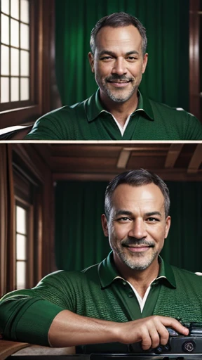 Middle-aged man shooting with camera、grin、oriental、Drooping eyes、wearing a green jersey、highest quality、masterpiece、ultra high resolution、(Photoreal:1.4)、inside the house、Upper body、highest quality、masterpiece、ultra high resolution、(Photoreal:1.4)、game poster