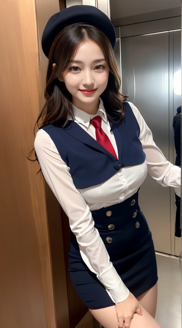(((full shot)))、(((inside of the big luxury elevator、wide elevator,The elevator interior in the background is luxurious, with mirrors and polished wood, and the lighting is soft and warm)))、(((full body,including legs)))、(((uniform of Japanese eletator operator, necktie, vest-dress uniform、small hat, white formal short gloves,(black high-heel), elavator operator,little smile,white blouse,tight blouse)))、((navy bowler hat)), white gloves, short gloves, high heel、Dressed up、(Photo real:1.4)、(A hyper-realistic:1.4)、(Photorealistic:1.3)、 (gentle lighting: 1.05)、(Improve the lighting quality of your video:0.9)、32k、 1Girl、28years old girl、photorealistic lighting、Back lighting、Facial Lights、Ray Trace、(bright:1.2)、(Increase quality:1.4)、 (best quality real texture skin)、Fair eyes,Delicate and delicate face, Close-up of the breasts, white blouse,tight blouse,tight vest-dress uniform, (Bodyline mood improvement:1.1)、good figure,Glossy skin、wavy hair,blonde hair,韓国アイドル、乃木坂アイドル、Sculptural Idol Pose、little smile,blush,Beautiful actress、(((midium breasts,beautiful breasts))),(perfect row of teeth),slender waist and hip,beautiful long legs,full shot)、((8heads tall)、(((誘惑している、恥ずかしい)))、dynamic pose,gravure pose,(((lift up one hand))),(eye shadow),((red cheek、red lips)),blush,little smile,(((full shot)))、(((inside of the wide elevator、wide elevator,The elevator interior in the background is luxurious, with mirrors and polished wood, and the lighting is soft and warm))),