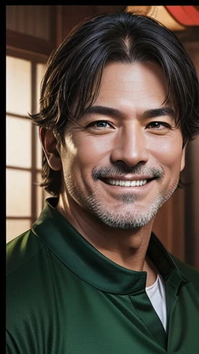 Middle-aged man shooting with camera、grin、oriental、Drooping eyes、wearing a green jersey、highest quality、masterpiece、ultra high resolution、(Photoreal:1.4)、inside the house、Upper body、highest quality、masterpiece、ultra high resolution、(Photoreal:1.4)、game poster