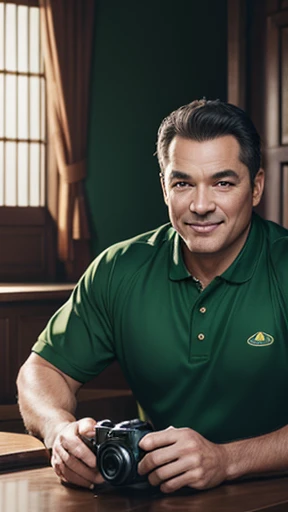 Middle-aged man shooting with camera、grin、oriental、Drooping eyes、wearing a green jersey、highest quality、masterpiece、ultra high resolution、(Photoreal:1.4)、inside the house、Upper body、highest quality、masterpiece、ultra high resolution、(Photoreal:1.4)、game poster