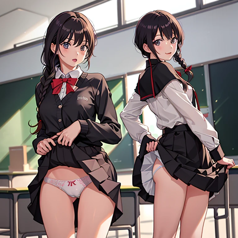 ((2 girls))、laughter、blush、shirt、のskirt、、((fun))(small breasts)、chiralism、black hair、single braid、(黒いskirt:1.3)、bow, button, 襟の付いたshirt, long sleeve, マイクロskirt, プリーツskirt、(Jacket)、 skirt, socks, thighs, 白い shirt, Rest indoors, ((classroom:1.5))、 BREAK looking at viewer、skirtの破れ,(skirtを掴む:1.5)、 (perfect hands, perfect anatomy),cowboy shot、(skirt lift:1.3),(Very detailed white panties:1.3)、(Very detailed panties:1.3)、、(skirt that rolls up:1.3)、(fully exposed panties:1.5)、