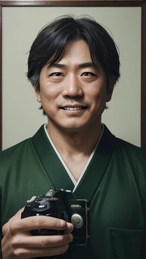 Japanese、Middle-aged man shooting with camera、grin、oriental、Drooping eyes、wearing a green jersey、highest quality、masterpiece、ultra high resolution、(Photoreal:1.4)、inside the house、Upper body、highest quality、masterpiece、ultra high resolution、(Photoreal:1.4)、game poster