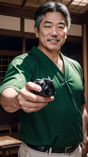Japanese、Middle-aged man shooting with camera、grin、oriental、Drooping eyes、wearing a green jersey、highest quality、masterpiece、ultra high resolution、(Photoreal:1.4)、inside the house、Upper body、highest quality、masterpiece、ultra high resolution、(Photoreal:1.4)、game poster