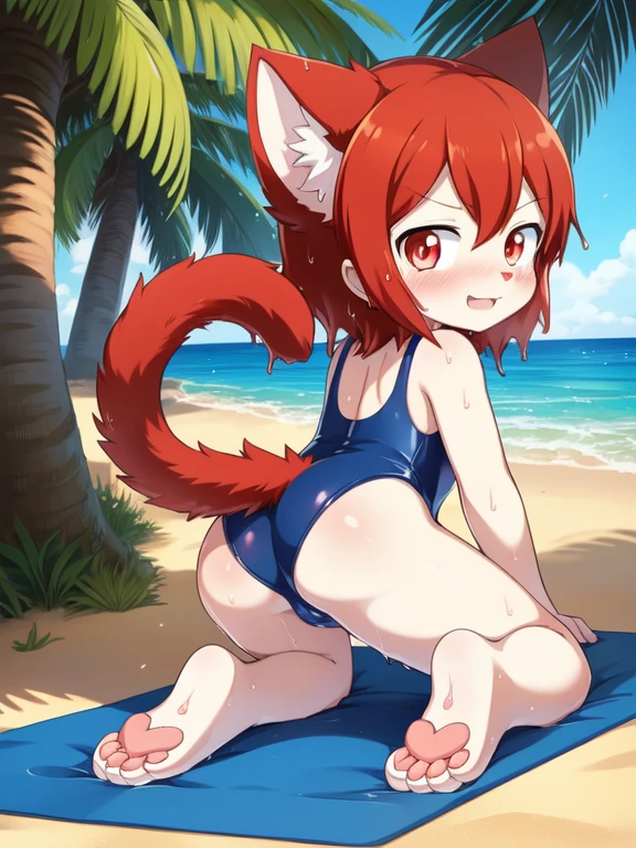 alone, External, red pupils,, (wet fur:1.4), Detailed hair, young,one piece swimsuit,Firmware version, furry anime, Bragon, very cute face, Blushed, playful, young, Detailed background, Detailed fanart, pixiv, number, masterpiece, high quality, high resolution,Kneeling in slime on the beach,Thighs covered with mucus,random color,random species,personal portrait,Foot mats,,The tail is in the right position,((Rear view))visible to the feet,View from behind,cat's paw