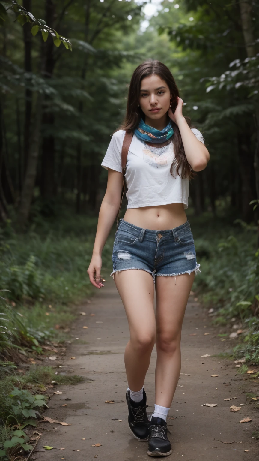 ((best quality)), ((masterpiece)), (detailed), perfect face, a girl playing in a dense forest make a bandana and ransel and make shoes full body