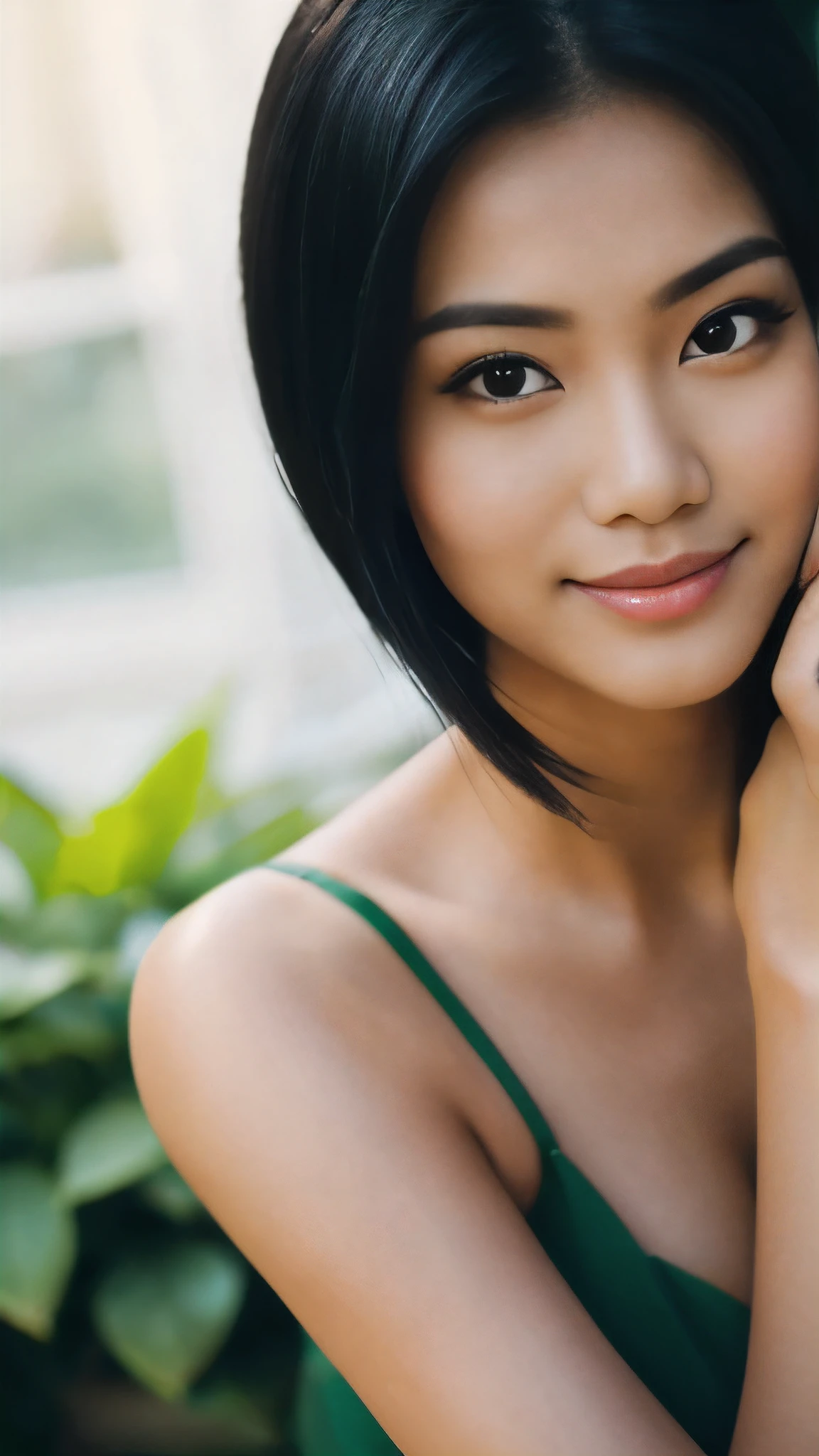 photography, blurred green plants background, 1 gorgeous woman, 23 years, subtle smile, black hair, flirts with the camera, she’s a model, sensual pose, (asian girl:1.2), (Realistic hair:1.2), (realistic eyes:1.2), (Beauty face:1.3), perfect body, perfect hands, perfect breasts, Kodak gold 200, National Geographic style, medium shot, Best quality, ultra highres, (photoreallistic:1.4), 8k, 105mm, f2.8