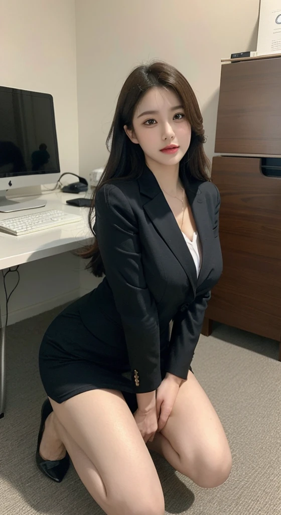 (masterpiece), ((best quality)), (masterpiece,best quality,official art,Extremely detailed CG unified 8k wallpaper),, a lady，alone,Elegant upper class elite secretary wearing business shirt,perfect appearance，Double eyelid eye makeup， working in an office,Wearing a smart business suit, open clothes,Girl in shirt, wearing a suit,(((huge :1.2))),Violence,, Wear a shirt and skirt, Woman in a suit, business attire，Computer chair，kneeling to sitting on the ground,Loyal female secretary，absolute obedience，Wait for the command