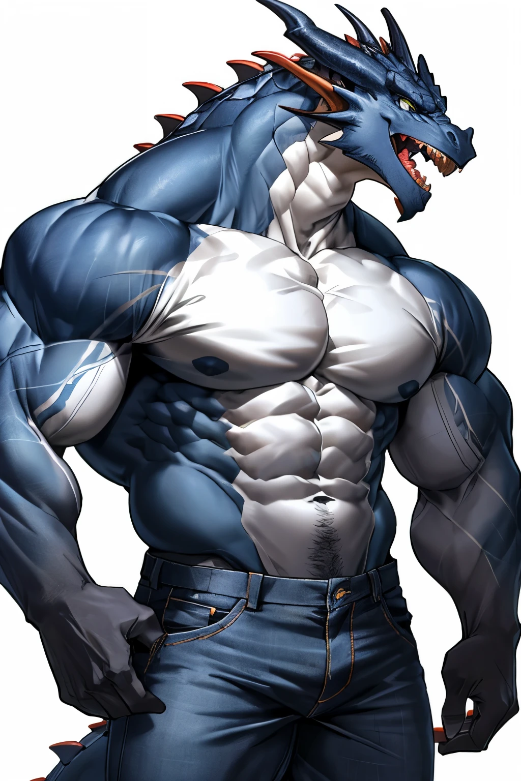 Very muscular furry dragon with bodybuilder builds, cool and handsome dragon, heavy weight, very big pectoral muscle, abdomen white color, back area black color, bare chested, wearing dark blue jeans as trousers, face expression is baring his teeth.