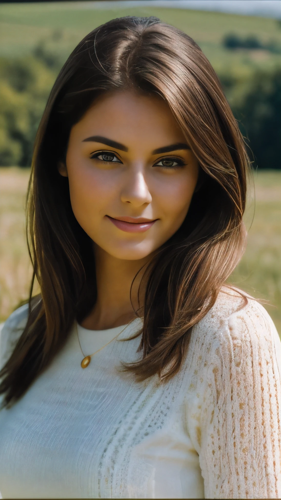 photography, in the countryside, 1 gorgeous brunette woman, 23 years, subtle smile, flirts with the camera, she’s a model, sensual pose, (European girl:1.2), (Realistic hair:1.2), (realistic eyes:1.2), (Beauty face:1.3), perfect body, perfect hands, perfect breast, Kodak gold 200, National Geographic style, medium shot, Best quality, ultra highres, (photoreallistic:1.4), 8k, 105mm, f2.8