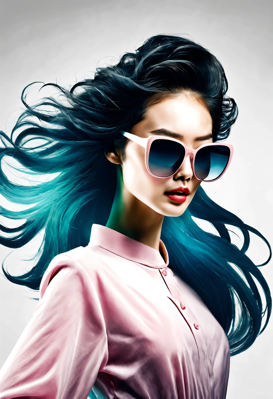 艾拉·贾迪姆·#E8C8BE #D19D87 #C2734E #D7BE9F #4C484F,,(Modern Art Dance Minimalist Poster Design), (Half body close-up), (Beautiful Chinese girl dancing in the air), (Wearing sunglasses and dreadlocks发型 hairstyle: 1.2), (Featuring a soft pink and deep sea military blue contrast), presenting the warmth and depth of winter, both fashionable and with a hint of gentle feminine charm. Wearing modern and fashionable winter fashion, slim waist, high nose bridge, head up posture, sad and beautiful, Slim figure, delicate facial features, correct fingers,
Background: Briefcase dancing, swirling mist illustrations, ink painting, black hair, tsundere, surrealism, contemporary art photography, illustrated action painting, abstract expressionism, Pixar, depth of field, motion blur, backlight, drop shadow, vignetting, looking up angle, Sony FE GM, UHD, masterpiece, accuracy, textured skin, super detail, high detail, high quality, award winning, best quality, high level, 16k, Shooting from a bottom-up perspective,