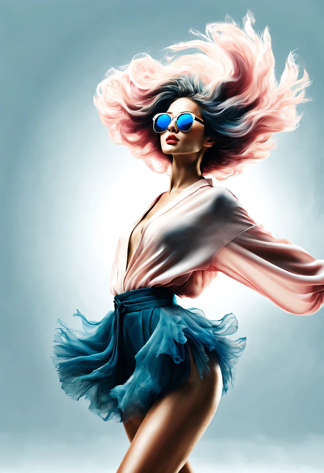 艾拉·贾迪姆·#E8C8BE #D19D87 #C2734E #D7BE9F #4C484F,,(Modern Art Dance Minimalist Poster Design), (Half body close-up), (Beautiful Chinese girl dancing in the air), (Wearing sunglasses and dreadlocks发型 hairstyle: 1.2), (Featuring a soft pink and deep sea military blue contrast), presenting the warmth and depth of winter, both fashionable and with a hint of gentle feminine charm. Wearing modern and fashionable winter fashion, slim waist, high nose bridge, head up posture, sad and beautiful, Slim figure, delicate facial features, correct fingers,
Background: Briefcase dancing, swirling mist illustrations, ink painting, black hair, tsundere, surrealism, contemporary art photography, illustrated action painting, abstract expressionism, Pixar, depth of field, motion blur, backlight, drop shadow, vignetting, looking up angle, Sony FE GM, UHD, masterpiece, accuracy, textured skin, super detail, high detail, high quality, award winning, best quality, high level, 16k, Shooting from a bottom-up perspective,
