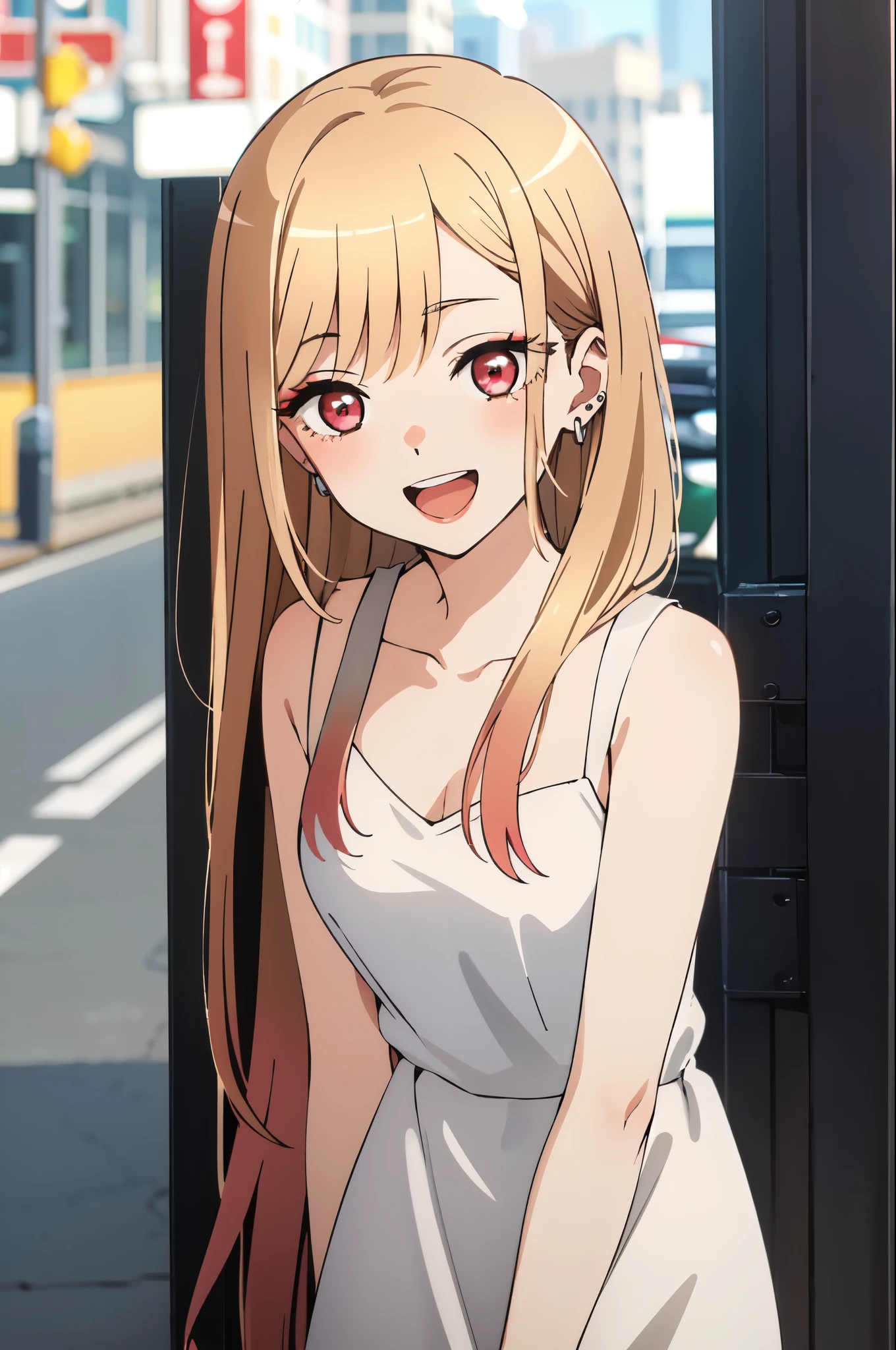 highest quality, (masterpiece:1.2), be familiar with,
Kitagawa Marine SB,
1 girl, alone, open your mouth, smile, teeth,
long hair, blonde hair, red eyes, colorful hair, earrings,
Are standing, looking at the viewer,white dress、clavicle、city