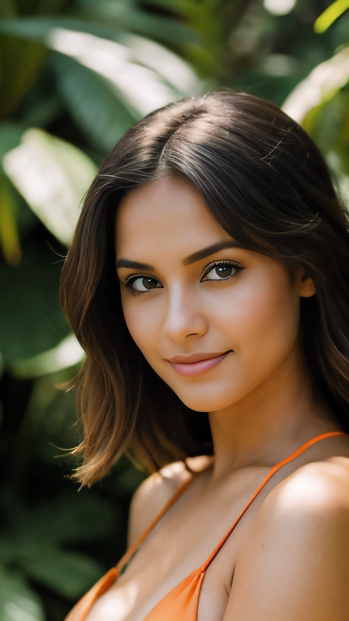 photography, blurred plants background, 1 gorgeous woman, 23 years, subtle smile, orange bikini, flirts with the camera, she’s a model, sensual pose, (south american girl:1.2), (Realistic hair:1.2), (realistic eyes:1.2), (Beauty face:1.3), perfect body, perfect hands, perfect breasts, Kodak gold 200, National Geographic style, medium shot, Best quality, ultra highres, (photoreallistic:1.4), 8k, 105mm, f2.8