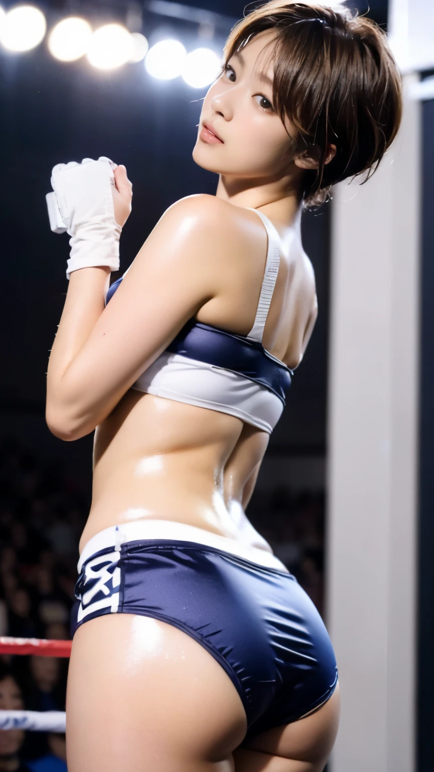 (((first person))),(((perfect anatomy))),(((In a large boxing ring arena filled with spectators, a beautiful boxer with an outstanding figure is wearing 16 ounce red boxing gloves, a beautiful glittery tankini, satin boxer shorts, and white lace-up ring shoes that cover her shins. He is leaning on the rope with both elbows on his face.))),(((A beautiful boxer wearing a white and blue costume made of flashy sparkling material and hating to lose is guarding himself with both gloves attached to his chin and staring forward with a serious look on his face.))),(((perfect anatomy:1.6))),(((Ulsan-6500))),(((Beautiful background bokeh with deep depth of field created by Hasselblad))),sexy waist,masterpiece,highest quality,ultra high resolution,high detailed portrait,tall nose and beautiful face,limbs like a model,The fair-skinned nape of the neck is dazzling,(((Her slender waist and hips are so beautiful that they captivate the viewers.))),Raise your chin and look seriously,((Sexy full body shot from a low position far away from the back)),cute 20 year old, (((Beautiful glossy chestnut brown two-block short hair at the nape of the neck is sexy))),(Her proud F-cup beautiful breasts are the best),long eyelashes and large eyes,,Clear double eyelids,((Glossy thick lips)),(((perfect anatomy))),