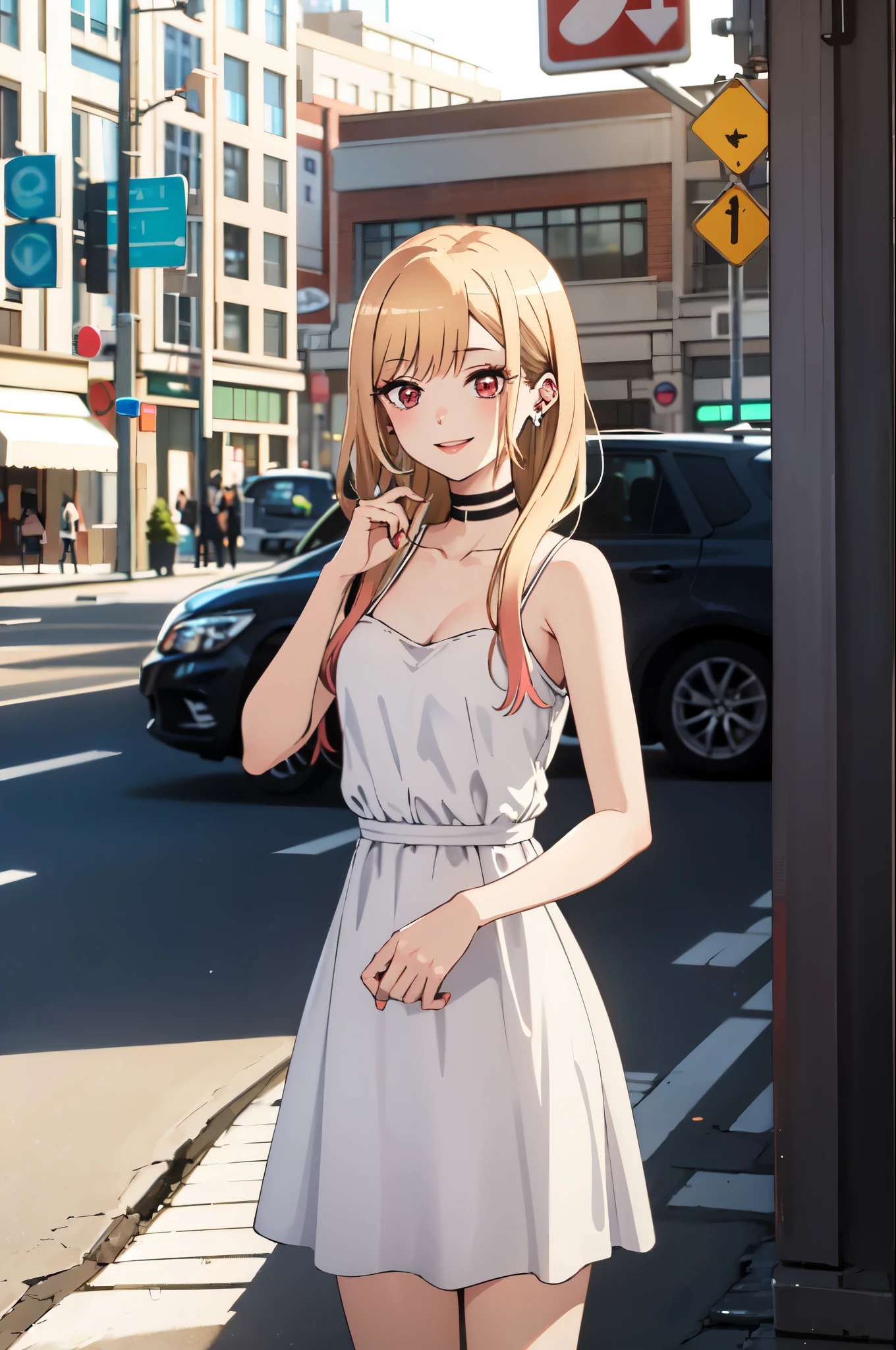 highest quality, (masterpiece:1.2), be familiar with,
Kitagawa Marine SB,
1 girl, alone, close your mouth, smile, lips long hair, blonde hair, red eyes, colorful hair, earrings,
Are standing, looking at the viewer,white dress、clavicle、city