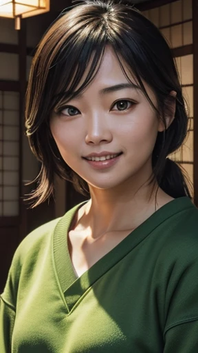 Japanese、Middle-aged man shooting with camera、grin、oriental、Drooping eyes、wearing a green sweatshirt、highest quality、masterpiece、ultra high resolution、(Photoreal:1.4)、inside the house、Upper body、highest quality、masterpiece、ultra high resolution、(Photoreal:1.4)、game poster