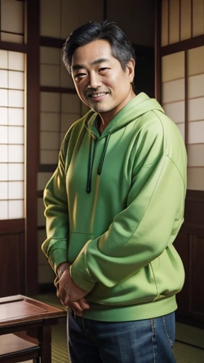 Japanese、Middle-aged man shooting with camera、grin、oriental、Drooping eyes、wearing a green sweatshirt、highest quality、masterpiece、ultra high resolution、(Photoreal:1.4)、inside the house、Upper body、highest quality、masterpiece、ultra high resolution、(Photoreal:1.4)、game poster