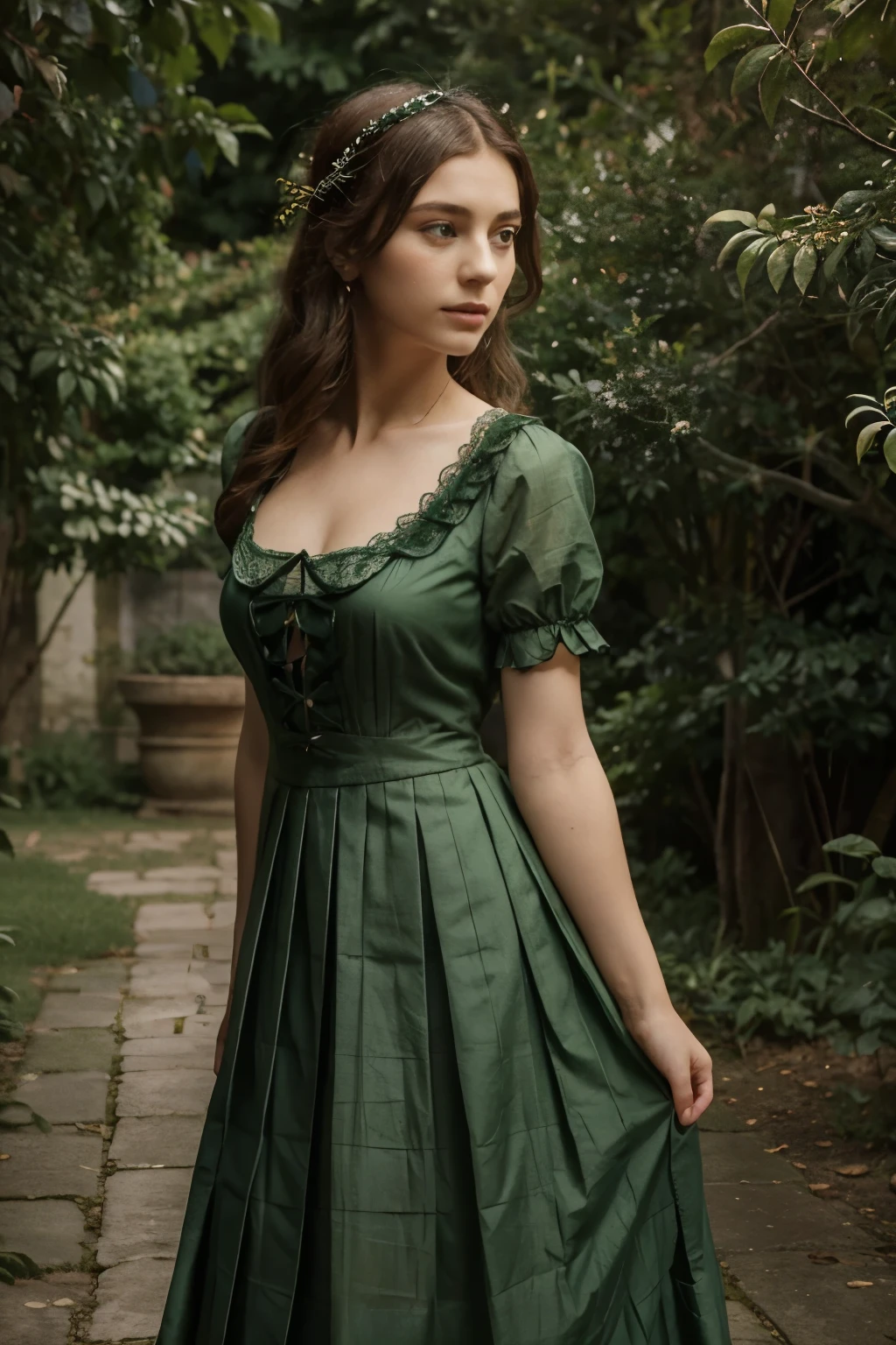((masterpiece)), (best quality), (simple style), green dress, Butterfly heart, pleated lace, Edwardian lace dress.