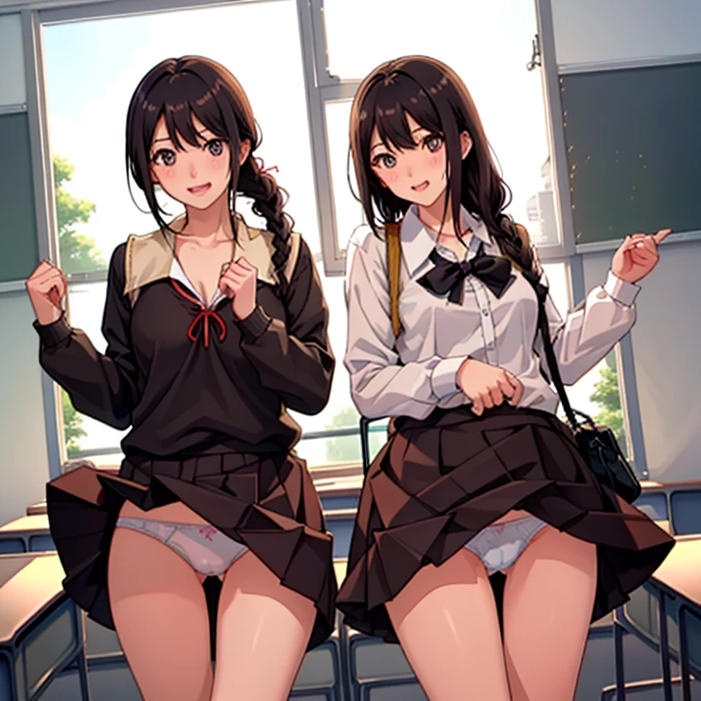 ((2 girls))、laughter、blush、shirt、のskirt、、((fun))(small breasts)、chiralism、black hair、single braid、(黒いskirt:1.3)、bow, button, 襟の付いたshirt, long sleeve, マイクロskirt, プリーツskirt、(Jacket)、 skirt, socks, thighs, 白い shirt, Rest indoors, ((classroom:1.5))、 BREAK looking at viewer、skirtの破れ,(skirtを掴む:1.5)、 (perfect hands, perfect anatomy),cowboy shot、(skirt lift:1.3),(Very detailed white panties:1.3)、(Very detailed panties:1.3)、、(skirt that rolls up:1.3)、(fully exposed panties:1.5)、