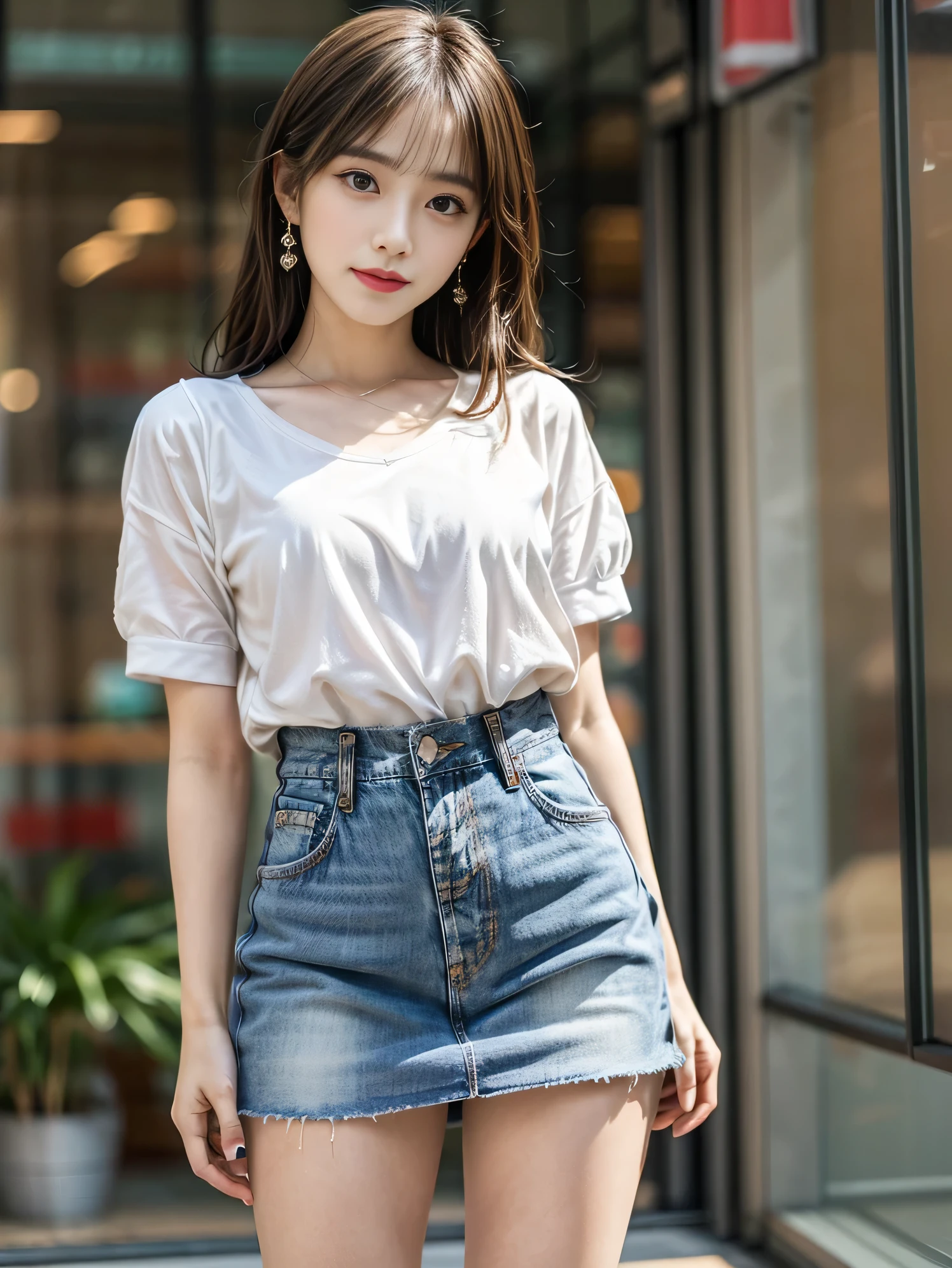 1 girl，20 years old, Height 165cm、body coordination、Proportions are well-proportioned、standing beside window，sideways，raised buttocks，Bright backLight, alone, {Beautiful eyes details 1.3）（round eyes：1.8） , Highly detailed facial and skin textures, Natural and soft Light, dark brown hair，natural drape, Exquisite facial features, blunt bangs, beautiful korean girl, 眼睛have神, a happy expression 、(She is wearing a delicate short shirt:1.3)、(She wore a sophisticated low-rise denim miniskirt:1.3)、Wearing red high heels，hands in pockets、E杯、film grain，full-body shot，long legs，masterpiece, best quality, Light, super detailed,, ultra high resolution, 8k wallpaper, Perfect dynamic composition, Exquisite facial features，It's a perfect face,Facing the peak of sexual arousal, looking at the audience，hair natural，clavicle，Ultimate Light and shadow，Wear delicate earrings，have，(Skin texture is extremely delicate1.3), (perfect details: 1.1),Looks a lot like actor Sora Aoi，hands in pockets