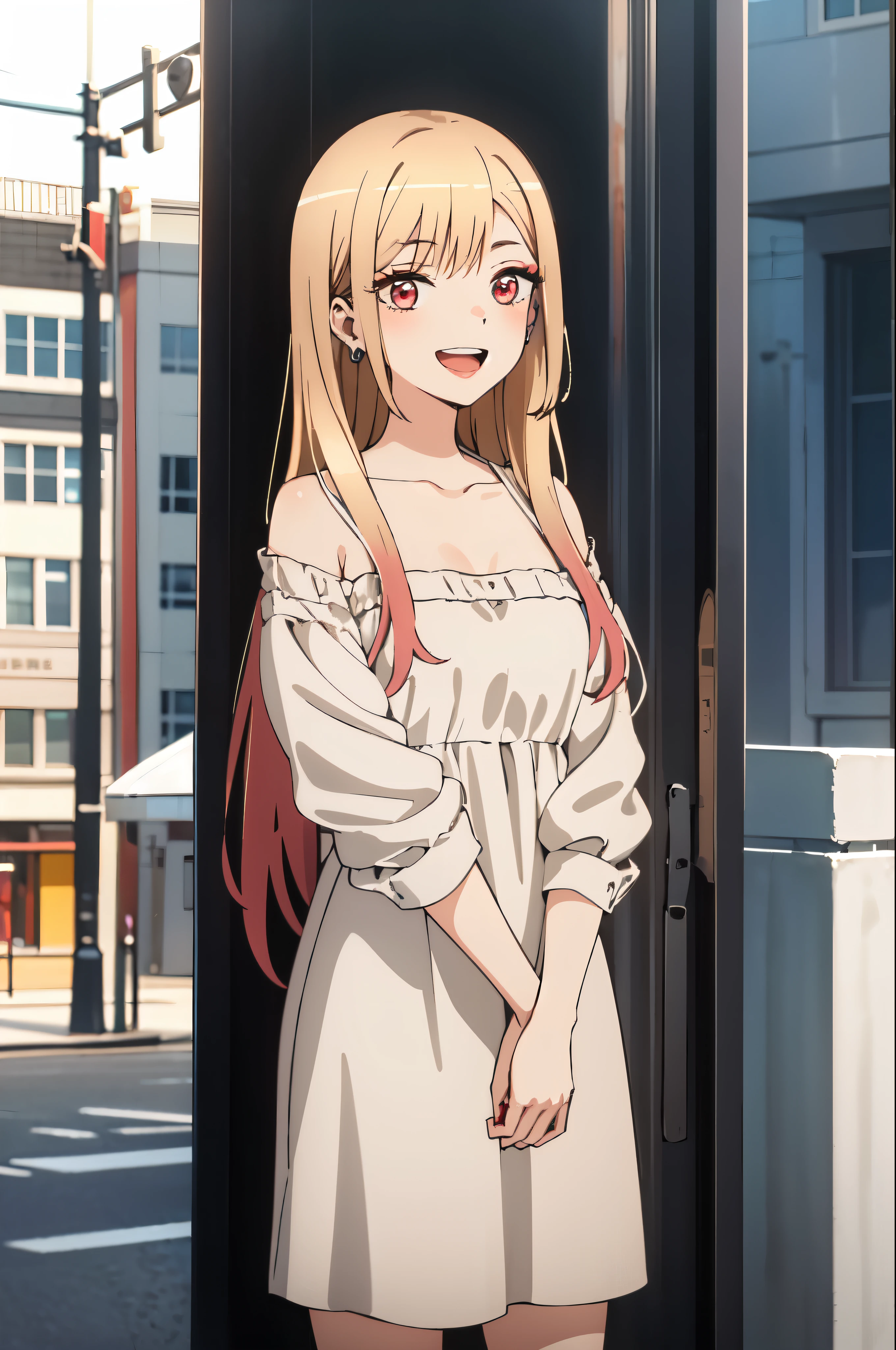 highest quality, (masterpiece:1.2), become familiar with,
Kitagawa Marine SB,
1 girl, alone, open your mouth, smile, teeth,
long hair, blonde hair, red eyes, colorful hair, earrings,
Are standing, looking at the viewer,white dress、clavicle、city