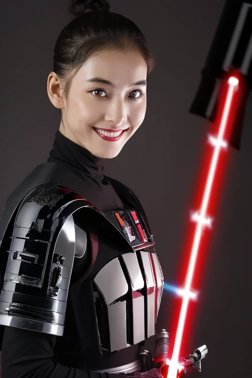 Highest quality, masterpiece, 16K, (raw photography, photorealistic, ultra-detailed, ultra-high resolution:1.3), science fiction, cinematic lighting, professional photo, (correct anatomy, perfect body, correct body proportion:1.5), sharp focus, depth of field, (intricately detailed face, ultra-realistic skin texture:1.1), (from front:1.4), 1 girl, solo, cowboy shot, looking at viewer, ((Sith:1.1)), black hair, (short hair:1.3), ((SINGLE hair bun:1.2)), glossy hair, ultra-detailed eyes, ((red eyes:1.3)), highly detailed nose and lips, beautiful nose, glossy lips, (expressive face:1.5), ((evil smile:1.3)), ((black body armor:1.3)), (slender, medium breast:1.3), (perfect body proportion:1.4), ((wielding 1 lightsaber with red blade:1.5)), (((fighting rebels:1.4))), (((indoor, secret base of rebel army, destroyed facilities:1.2)))