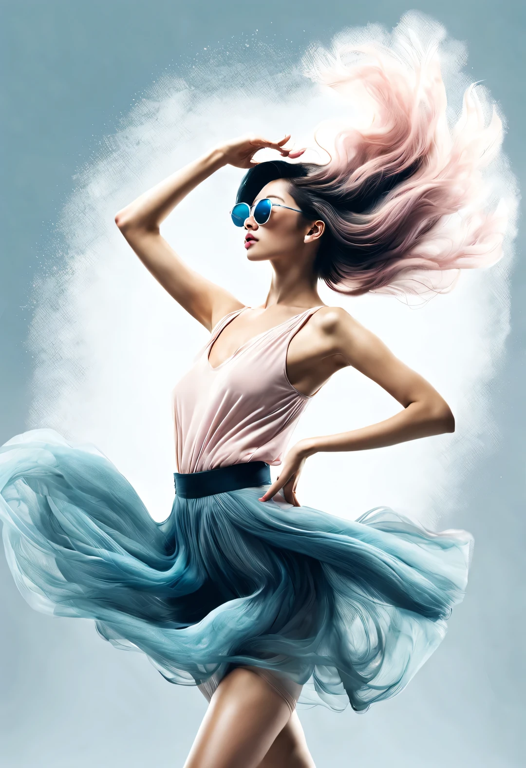 艾拉·贾迪姆·#E8C8BE #D19D87 #C2734E #D7BE9F #4C484F,,(Modern Art Dance Minimalist Poster Design), (Half body close-up), (Beautiful Chinese girl dancing in the air), (Wearing sunglasses and dreadlocks发型 hairstyle: 1.2), (Featuring a soft pink and deep sea military blue contrast), presenting the warmth and depth of winter, both fashionable and with a hint of gentle feminine charm. Wearing modern and fashionable winter fashion, slim waist, high nose bridge, head up posture, sad and beautiful, Slim figure, delicate facial features, correct fingers,
Background: Briefcase dancing, swirling mist illustrations, ink painting, black hair, tsundere, surrealism, contemporary art photography, illustrated action painting, abstract expressionism, Pixar, depth of field, motion blur, backlight, drop shadow, vignetting, looking up angle, Sony FE GM, UHD, masterpiece, accuracy, textured skin, super detail, high detail, high quality, award winning, best quality, high level, 16k, Shooting from a bottom-up perspective,