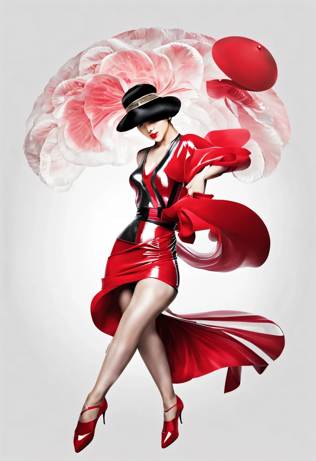 (Big Red Poster) (Art Dance Poster Design), (Half Body), (Beautiful and ethereal Chinese dancers dance elegantly), (Wearing fashionable modern workplace attire: 0.8), Head up posture, fair and flawless skin, high nose bridge, (Face wearing a big hat: 1.37), Sad beauty, (Extremely slender and beautiful limbs: 1.1), Exquisite facial features, (bare hands and bare feet),
Rotating mist, noble temperament, black and white illustrations, ink painting, black hair, meatball heads, messy, tsundere, surrealism, contemporary art photography, illustrated action painting, abstract expressionism, Pixar, depth of field, motion blur, backlight, drop shadow, gradient halo, zoom layer, starting from bottom, Sony FE GM, UHD, masterpiece, accuracy, textured skin, super detail, high detail, high quality, award winning, best quality, high level, 16k,