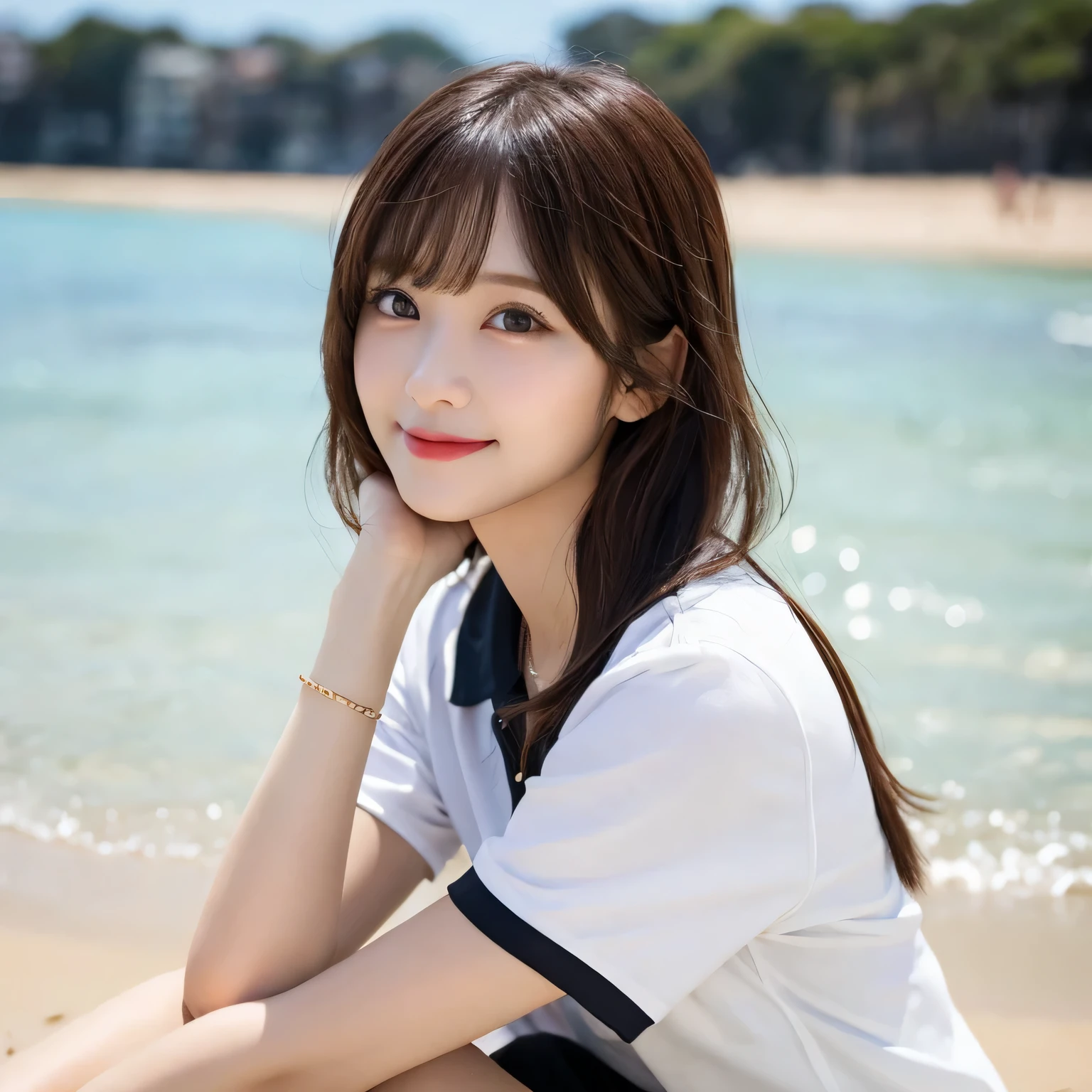 on the table, best quality, illustration, Super detailed, fine details, high resolution, 8k wallpaper, Perfect dynamic composition, Beautiful and delicate eyes,full body photography，show your whole body、collared shirt、mini skirt,thin and transparent、long gray hair, Bold sexy pose,Smile,Harajuku、20 year old girl、Eyeliner、beautiful bangs、hair between eyes、((masterpiece、top quality、Super detailed、movie light、intricate details、high resolution、Very detailed))、background for this、8 kood、digital SLR、soft light、high quality、film grain、富士XT3 、shallow view deep、natural soft light、Kamimei、See the knees, side view, standing at the beach,Look at the sexy shots of the lens
