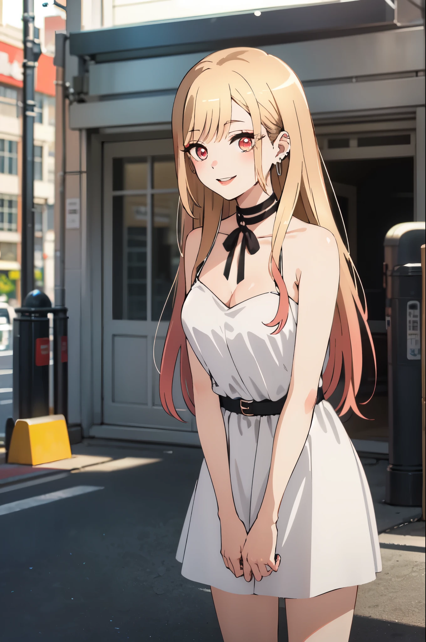 highest quality, (masterpiece:1.2), be familiar with,
Kitagawa Marine SB,
1 girl, alone, close your mouth, smile, lips long hair, blonde hair, red eyes, colorful hair, earrings,
Are standing, looking at the viewer,white dress、clavicle、city