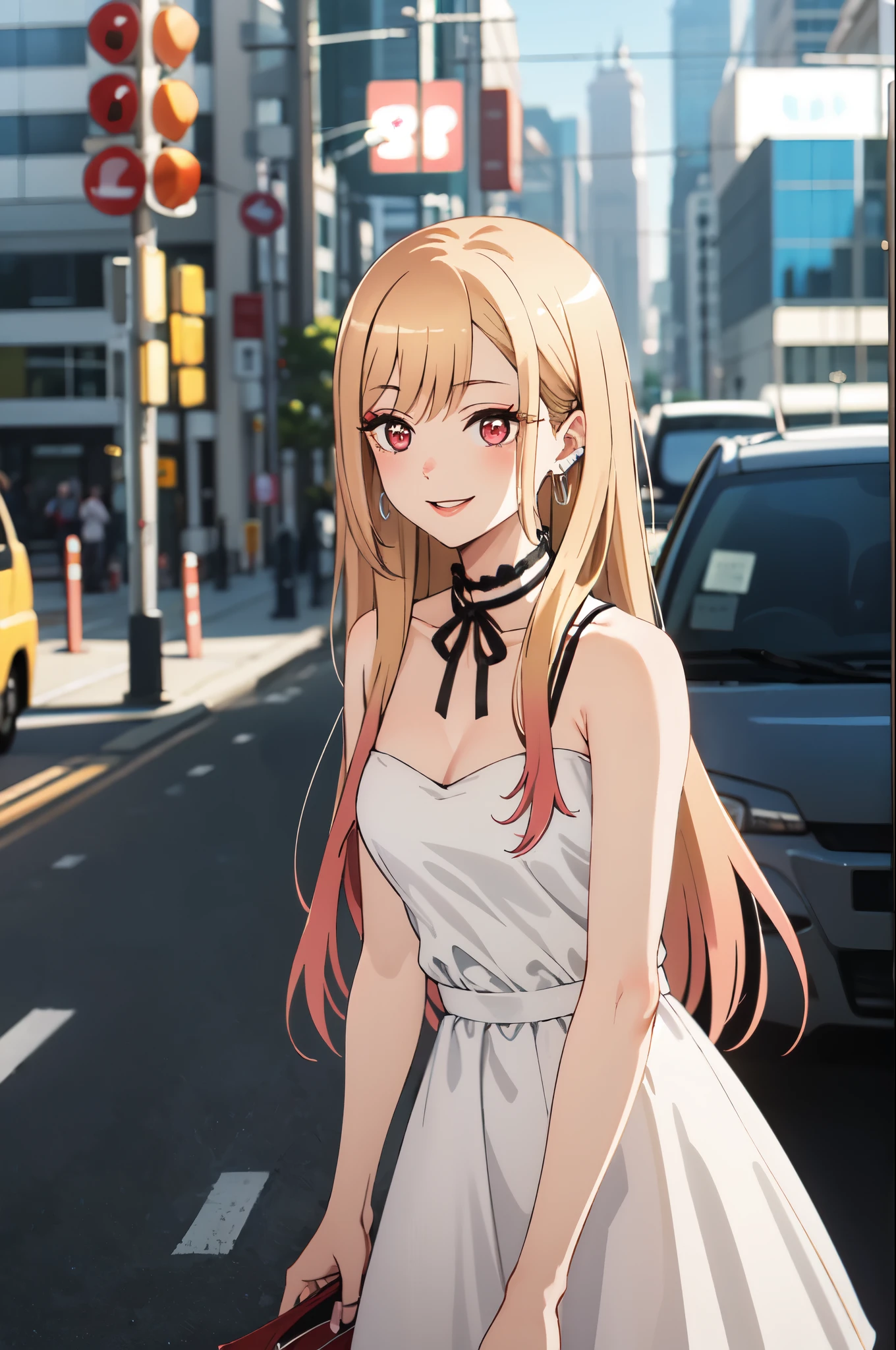 highest quality, (masterpiece:1.2), be familiar with,
Kitagawa Marine SB,
1 girl, alone, close your mouth, smile, lips long hair, blonde hair, red eyes, colorful hair, earrings,
Are standing, looking at the viewer,white dress、clavicle、city