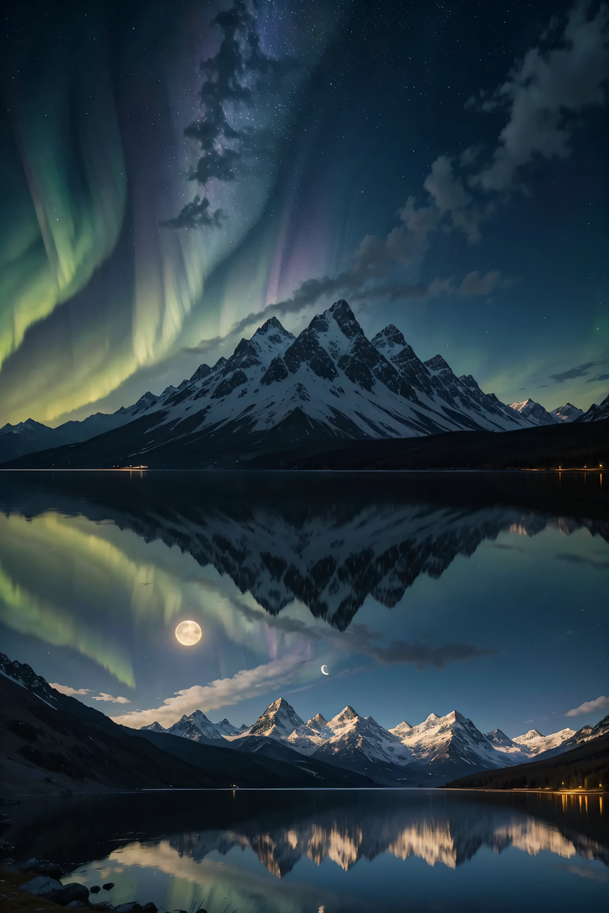 Sky，full moon ，Lots of stars，White clouds cover the moon，aurora，Stars and mountains reflected in the lake, 4k highly detailed digital art, 8K Stunning Artwork, , Epic Fantasy Science Fiction,, Impressive fantasy scenery,