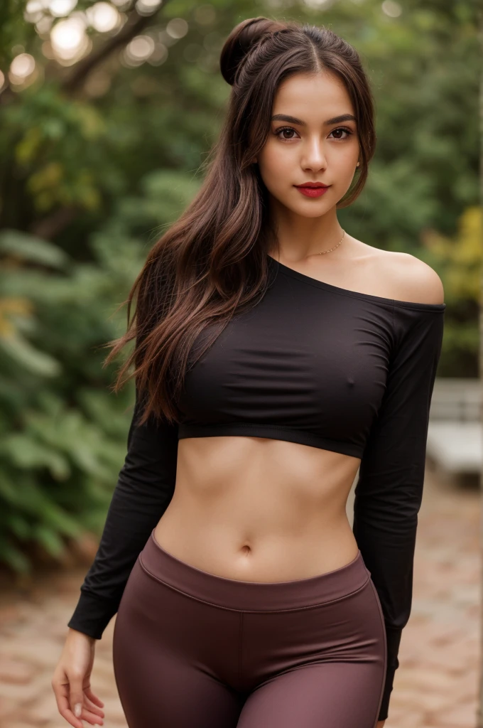 A half body photo of a skinny girl 20 y.o., NSFW, flashing, (boobs:1.1),
Pilates pants and fitted long-sleeve top, Dame, Short, Narrow Hips, Square Face, Dark Skin, Chestnut Hair, dark brown Eyes, Straight Nose, Thick Lips, Sharp Chin, Shoulder-Length Hair, Thick Hair, Bun, full breasts, , rose gloss lipstick,
Masterpiece, hi res, 8k, award winning, RAW photo, high quality, 35mm photograph, film grain, bokeh, professional, 4k, highly detailed,