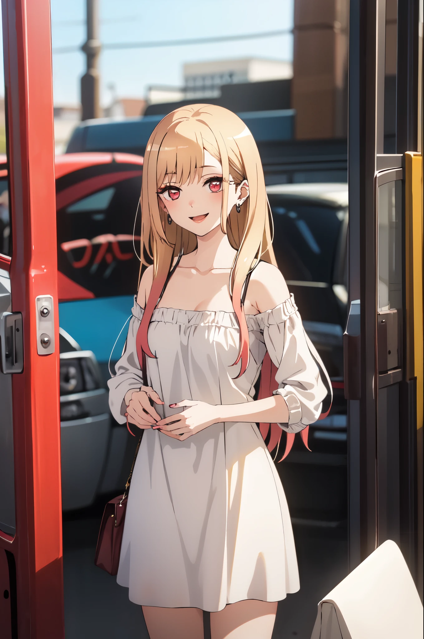 highest quality, (masterpiece:1.2), be familiar with,
Kitagawa Marine SB,
1 girl, alone, open your mouth, smile, teeth,
long hair, blonde hair, red eyes, colorful hair, earrings,
Are standing, looking at the viewer,white dress
