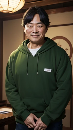 Japanese、Middle-aged man shooting with camera、grin、oriental、Drooping eyes、I wore a sweatshirt、dressed in green、highest quality、masterpiece、ultra high resolution、(Photoreal:1.4)、inside the house、Upper body、highest quality、masterpiece、ultra high resolution、(Photoreal:1.4)、game poster