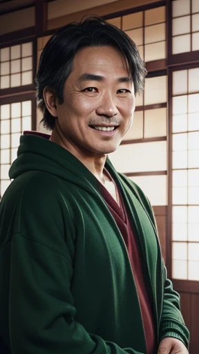 Japanese、Middle-aged man shooting with camera、grin、oriental、Drooping eyes、I wore a sweatshirt、dressed in green、highest quality、masterpiece、ultra high resolution、(Photoreal:1.4)、inside the house、Upper body、highest quality、masterpiece、ultra high resolution、(Photoreal:1.4)、game poster