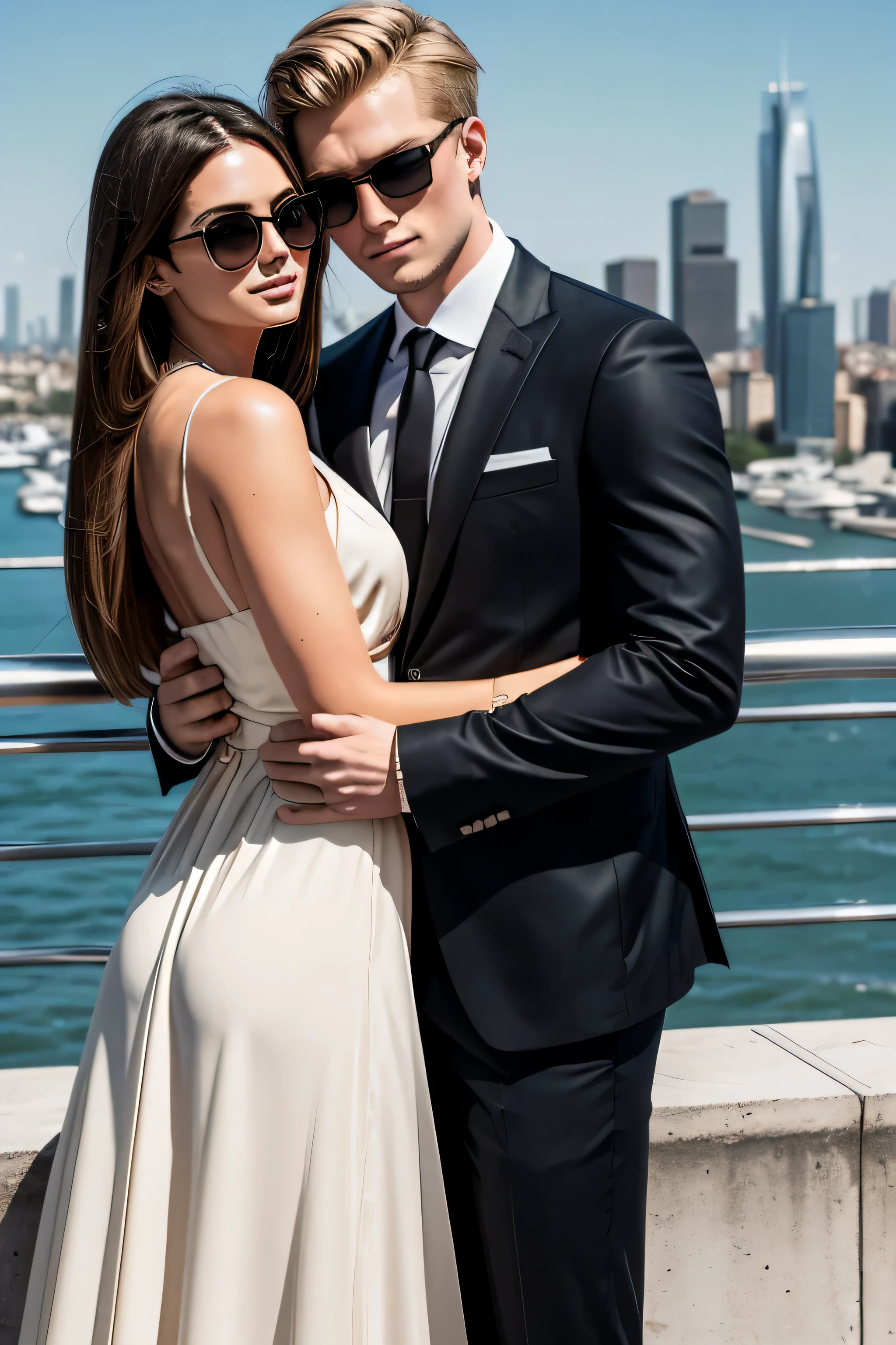 Behind the brunette girl stands a blond guy in sunglasses and hugs her around the waist in formal suits against the backdrop of the city of the future