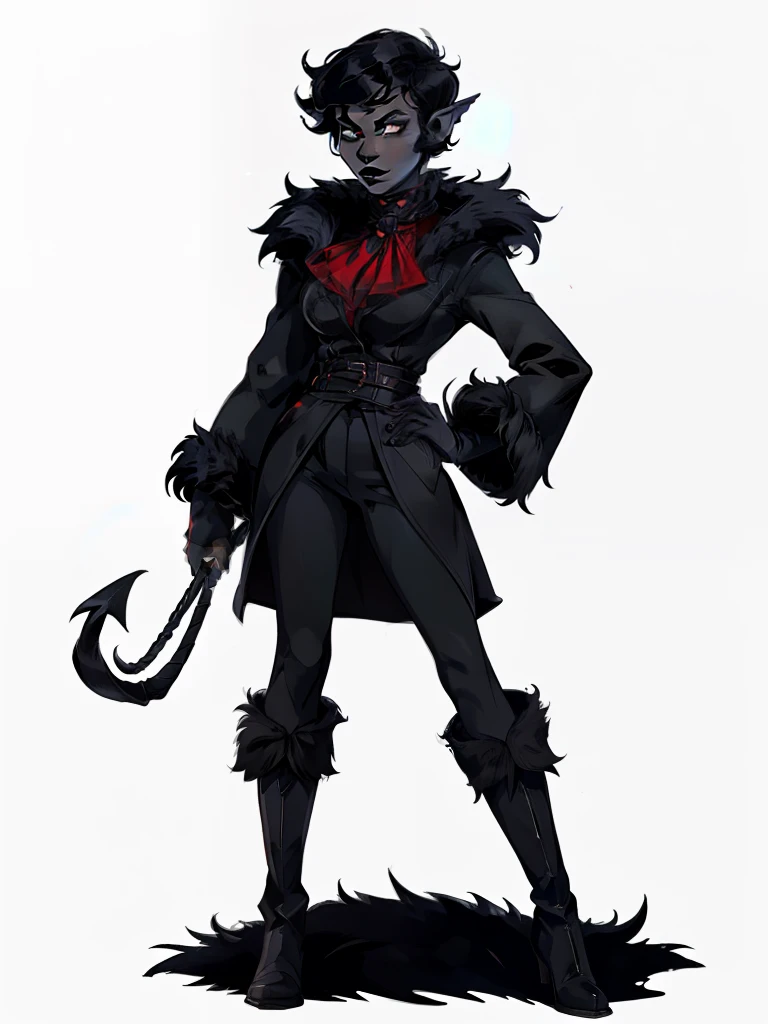 full body portrait, 1girl, short combed hair, pixie cut, combed hair, forehead, drow, black lipstick, fur coat, red high-collared shirt, ascot, high collar, solo, blank background, white background, outside, gothic fantasy art, long pointy ears, high laced boots, bullwhip, wide hips, flat-chested