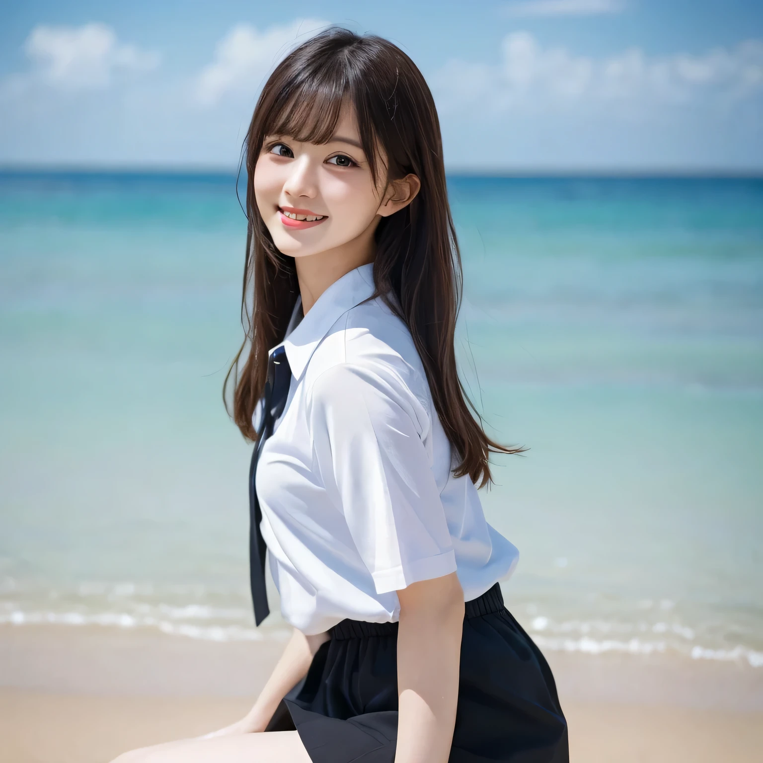 on the table, best quality, illustration, Super detailed, fine details, high resolution, 8k wallpaper, Perfect dynamic composition, Beautiful and delicate eyes,whole body摄影,show your whole body、collared shirt、mini skirt,thin and transparent、long gray hair, Bold sexy pose,Smile,Harajuku、20 year old girl、Eyeliner、beautiful bangs、hair between eyes、((masterpiece、top quality、Super detailed、movie light、intricate details、high resolution、Very detailed))、background for this、8 kood、digital SLR、soft light、high quality、film grain、富士XT3 、shallow view deep、natural soft light、Kamimei、See the knees, side view, standing at the beach,Look at the sexy shots of the lens、Above the legs、whole body、
