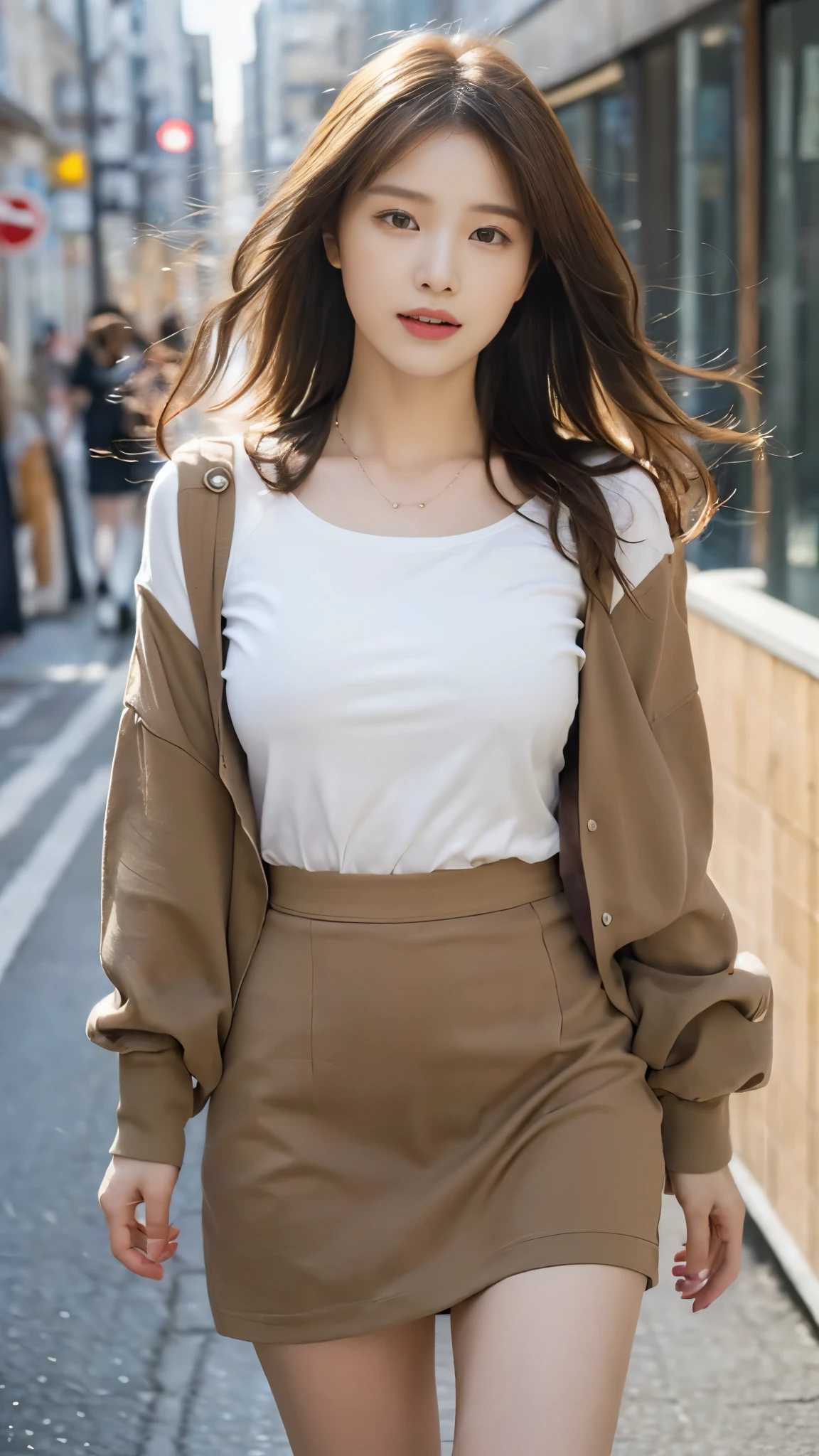 ((realistic light, top quality, 8 thousand, masterpiece: 1.3)), She has a very small face, Slender beauties: 1.4, , (light brown hair blowing in the wind, very large breasts:1.4), (Daily Lookbook:1.3), ultra fine face, detailed eyes, double eyelid, laugh, necklace, (Nice street in a beautiful city:1.5), (daily skirt:1.5),