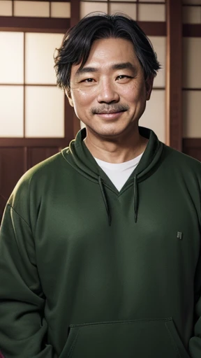 Japanese、Middle-aged man with camera hanging from his neck、grin、oriental、Drooping eyes、I wore a sweatshirt、dressed in green、highest quality、masterpiece、ultra high resolution、(Photoreal:1.4)、inside the house、Upper body、highest quality、masterpiece、ultra high resolution、(Photoreal:1.4)、game poster