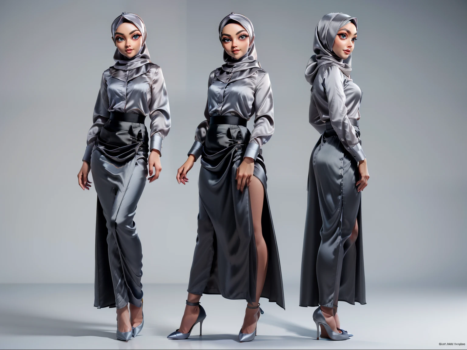 3dmm style, ((Masterpiece, best quality, photography, detailed skin, realistic, photo-realistic, 3D Character Design, pixar, real cartoon, High detail RAW colour art, diffused soft lighting, shallow depth of field, sharp focus, hyperrealism, cinematic lighting, ((close up)) hijab, a turkish lady, beautifully makeup, brown beautiful big eyes, long eye lashes, wearing ((Gray satin hijab)), loosely tide hijab style, ((gray satin shirt)), ((black satin long skirt)), black stilettos shoes.