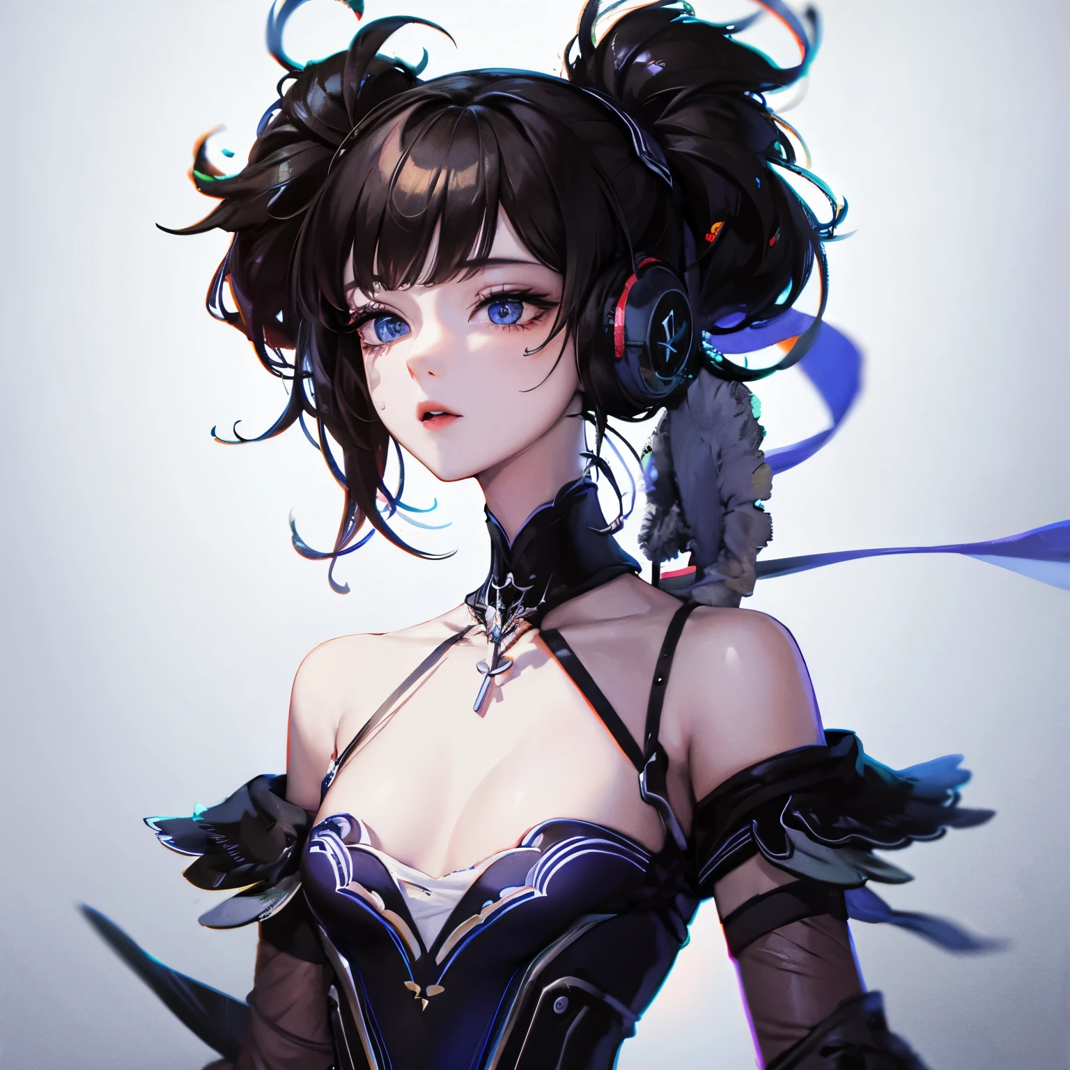 1 girl, masterpiece, best quality, 8k, Detailed skin texture, Detailed fabric texture, Beautiful and delicate face, intricate details, Super detailed,Upper body，Wearing black headphones，black hair，blue eyes，Wearing a clavicle chain
