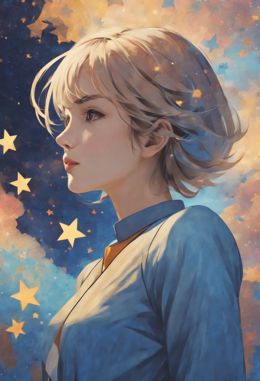(abstractionismStarry Sky:1.5), sharp image, 8k, rim light, poster, hdr, detailed, Cubism woman, (Soft tone)