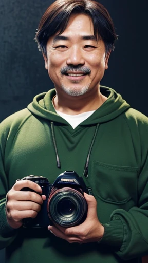Japanese、Middle-aged man with camera hanging from his neck、grin、oriental、Drooping eyes、I wore a sweatshirt、dressed in green、highest quality、masterpiece、ultra high resolution、(Photoreal:1.4)、No background、Upper body、highest quality、masterpiece、ultra high resolution、(Photoreal:1.4)、game poster