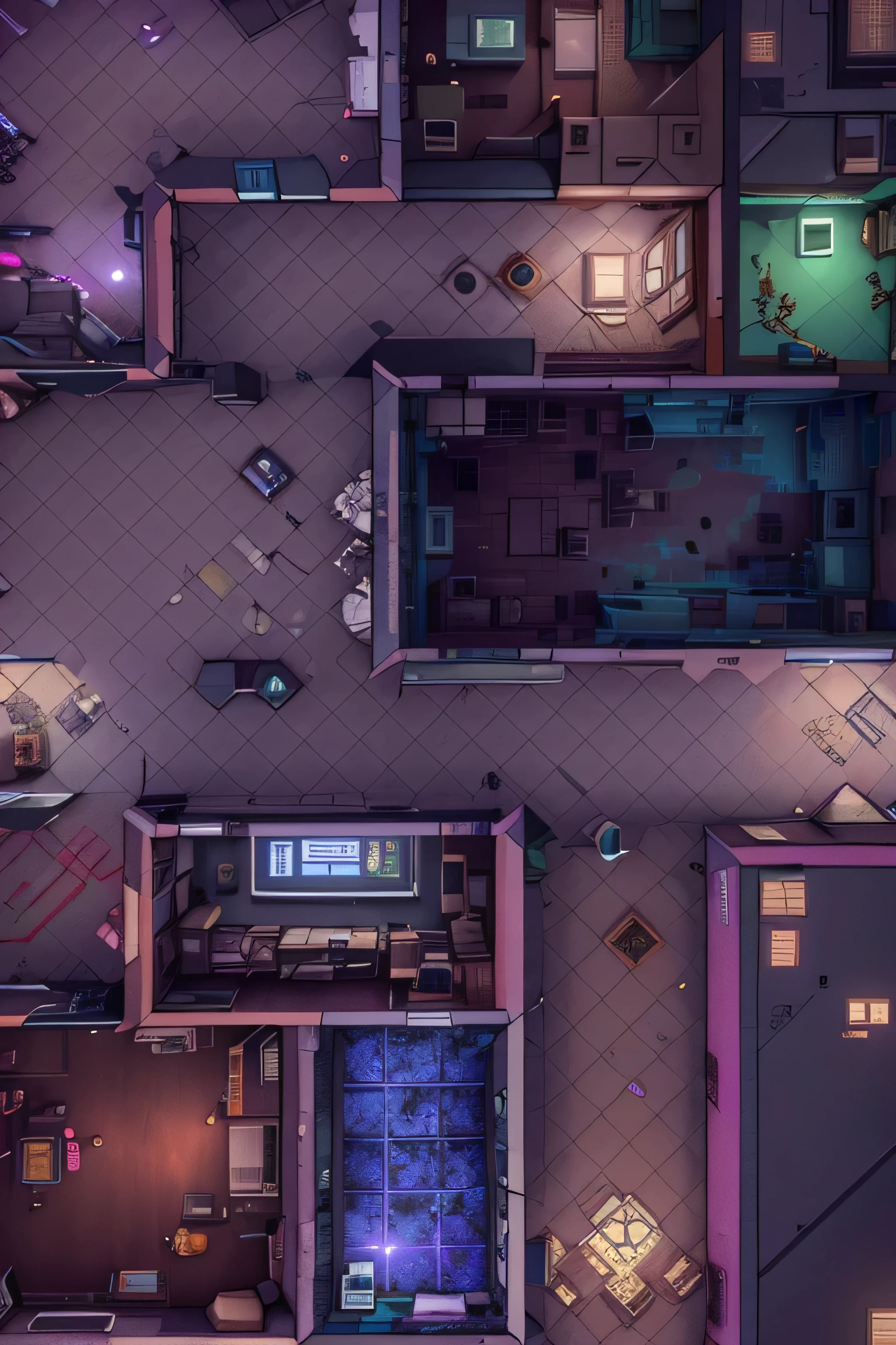 a close up of a building with a lot of rooms and a bathroom, set in cyberpunk bank vault, cyberpunk basement, lo-fi retro videogame, top floor boss shit, game top down view, randomly segmented rooms, cyberpunk dungeon, interior gameplay screenshot, background art, random background scene, gloomy lighting, videogame screenshot, hotline miami, 2 d texture，科技感，赛博朋克感