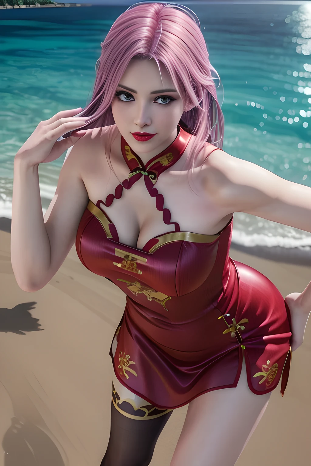 1girl,Elise,Relax,(Wearing Chinese cheongsam:1.4),(Beach in Maldives),jewelry,grace,(((red-lips))), slightly parted lips, lewd smile,  clavicle,(huge breasts),Charming cleavage,((8k, RAW photos, top quality, masterpieces), high-definition RAW color photos professional close-up photos, (realistic, photorealism: 1.37), (highest quality), (best shadows),  ((erotic, sexy, ultra high resolution, high-definition CG unified 8K wallpapers, physically based rendering, movie lighting),solo,