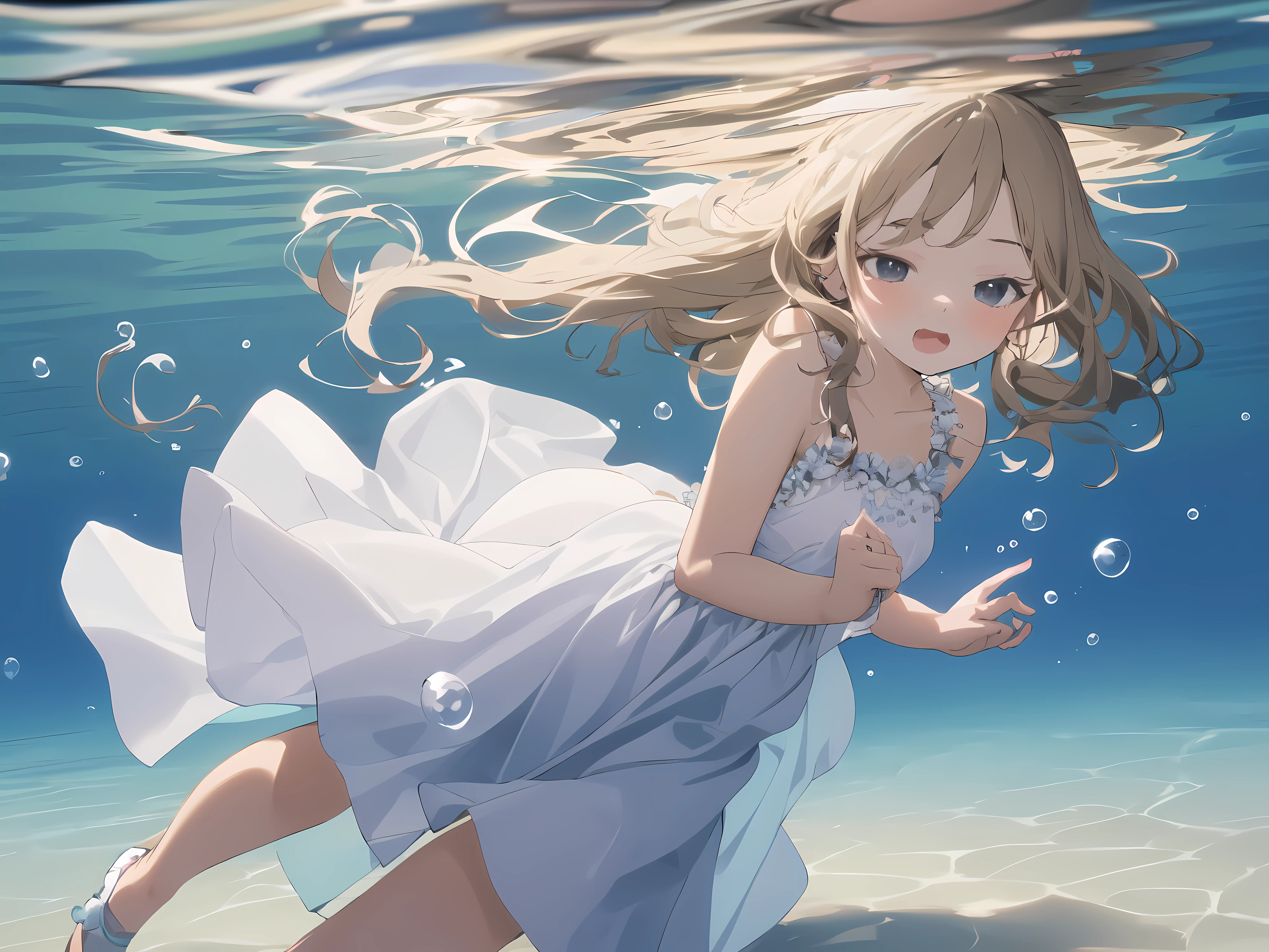 best quality, masterpiece, detailed, ((dynamic view)), 
((A girl of 10 years old)), wearing wet dress, beauty white silk dress with detailed Lace, (very long dress), (dress hem extends to the ankle), floating wet dress, (transparent),  (best frills, best wrinkles, best shadow), open mouth, 
bare feet, close eyes, sleepy, sadness, 
(floating drowning, floating under water, underwater photo, submerge), 
many water bubbles, clothed_masturbation, (8k resolution)